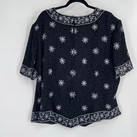 Cote d Azur Silk Beaded Flower Old Money Black Y2K Blouse Country Women’s 3X - Picture 2 of 10